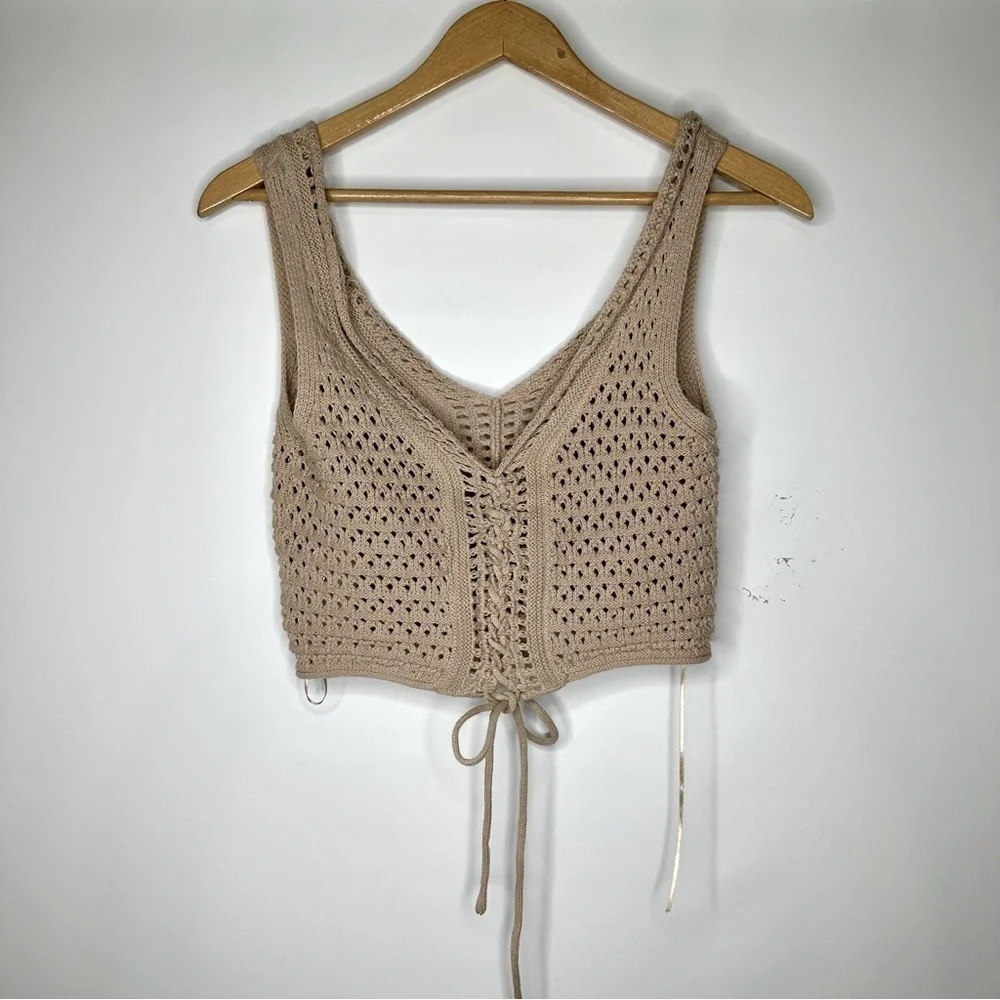 Pink Rose Tan Wide Leg Knit Crochet Pants and Lace Up Top 2 Piece Set NWT - Picture 4 of 4